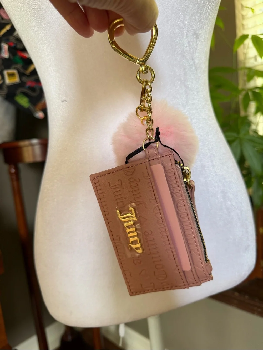 Juicy Couture Pink Card Holder with Fluffy Pom and Gold Hardware